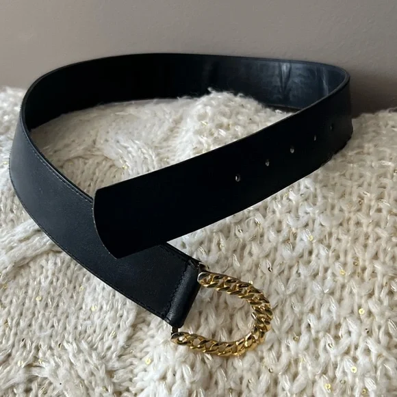 Vintage GORBANI Genuine Leather GOLD CURB CHAIN LOOK Elegant BLACK BELT M - Picture 9 of 16